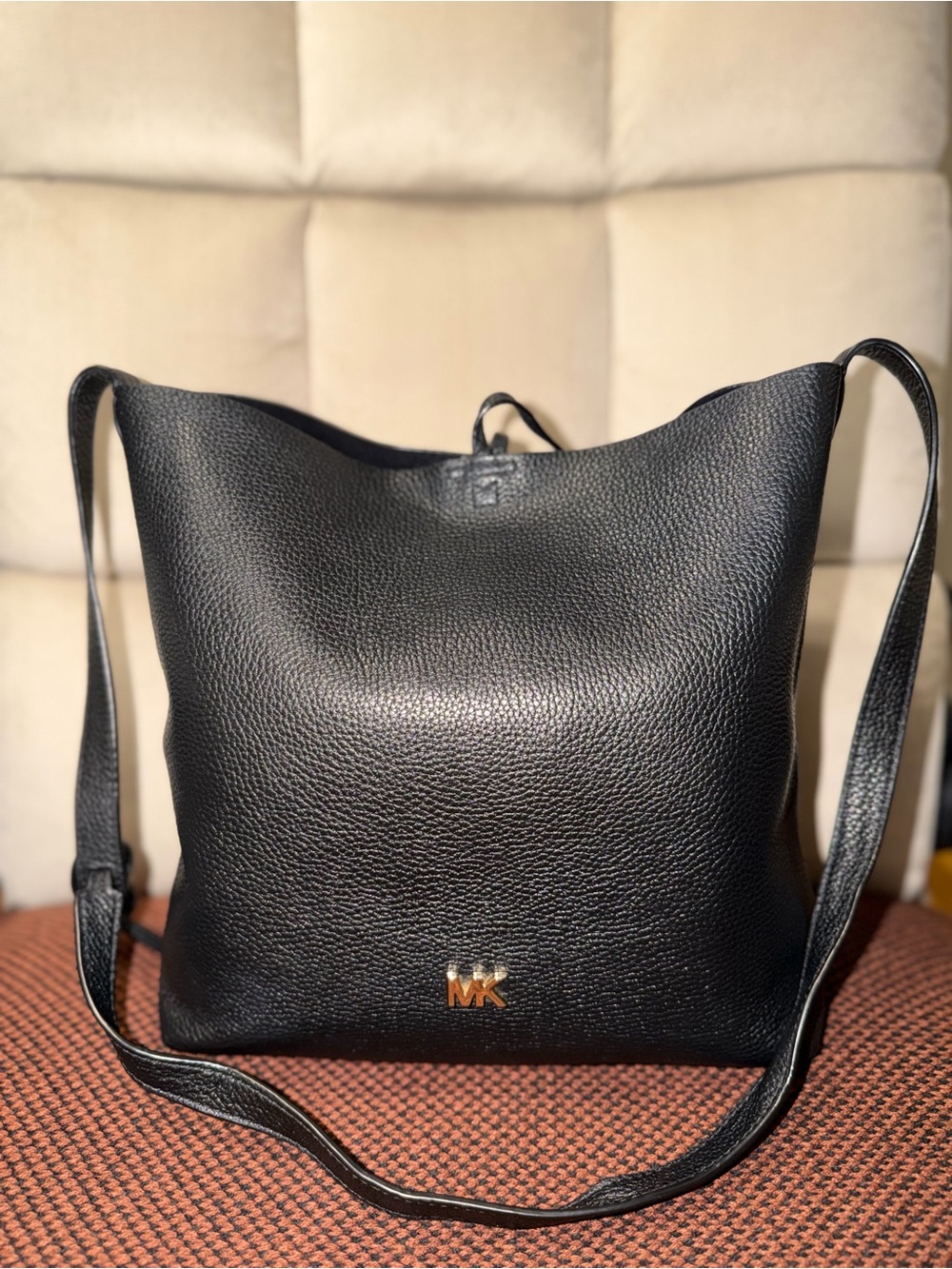 Michael Kors Black Pebbled Leather Shoulder Bag with Gold MK Logo